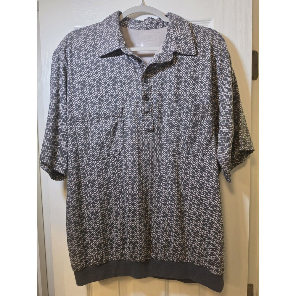 John Blair Banded Bottom Shirt Mens L Gray Diamond Polo Retro Grandpacore Style